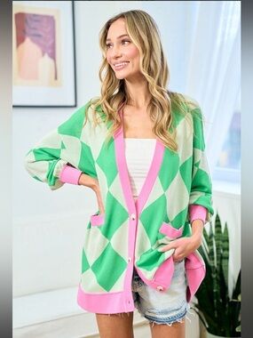 FIRST LOVE ARGYLE COLOR BLOCK CARDI